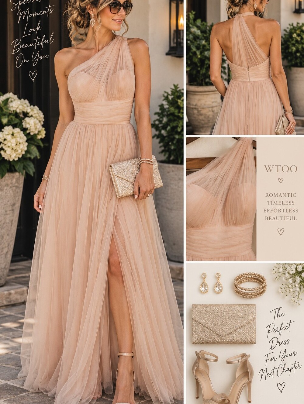 Wtoo One-Shoulder Dusty Blush Tulle Gown